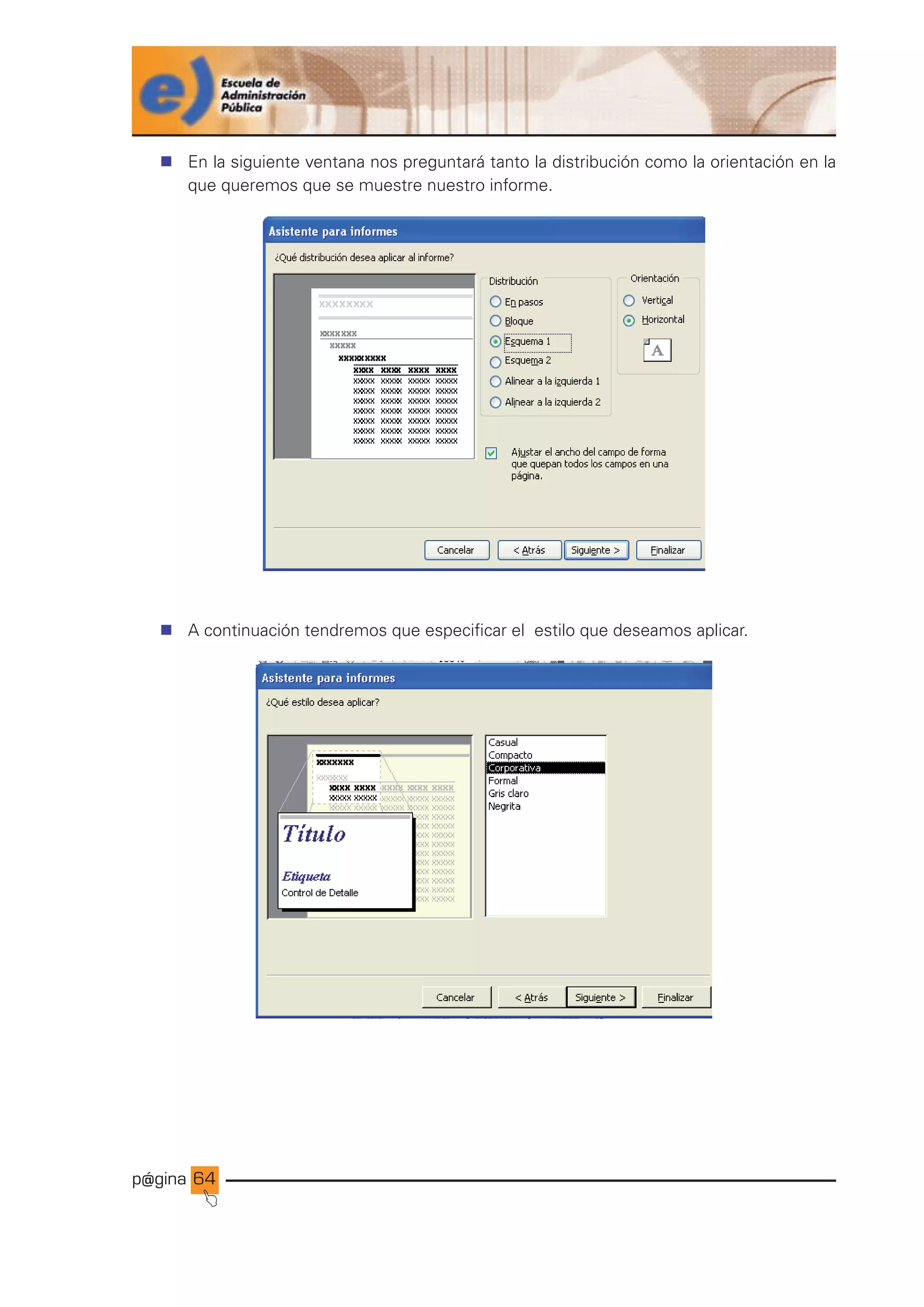 p@gina
´
J
64
n En la siguiente ventana nos preguntará tanto la distribución como la orientación en la
que queremos que se muestre nuestro informe.
n A continuación tendremos que especificar el estilo que deseamos aplicar.
Ir a índice
 