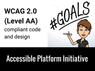 Accessible Platform Initiative
Partnership with AMAC to find the gaps
AMAC provided 13 reports across
●13 themes
●33 page ...