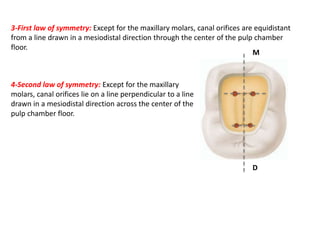 3-First law of symmetry: Except for the maxillary molars, canal orifices are equidistant
from a line drawn in a mesiodistal direction through the center of the pulp chamber
floor.
M
D
4-Second law of symmetry: Except for the maxillary
molars, canal orifices lie on a line perpendicular to a line
drawn in a mesiodistal direction across the center of the
pulp chamber floor.
 