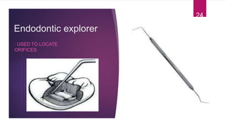 Endodontic explorer
• USED TO LOCATE
ORIFICES
24
 