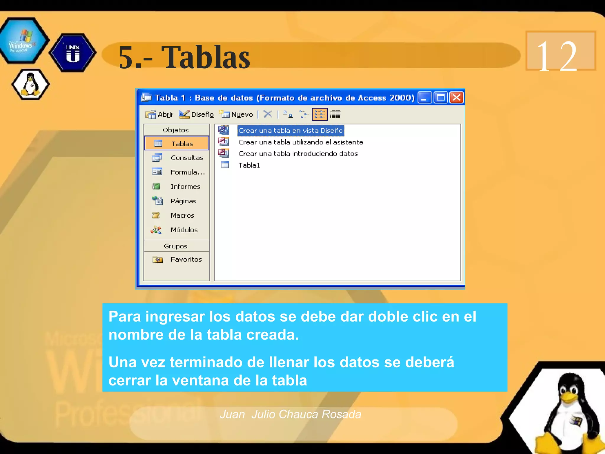 5.- Tablas 12 Para ingresar los datos se debe dar doble clic en el nombre de la tabla creada.  Una vez terminado de llenar los datos se deberá cerrar la ventana de la tabla   