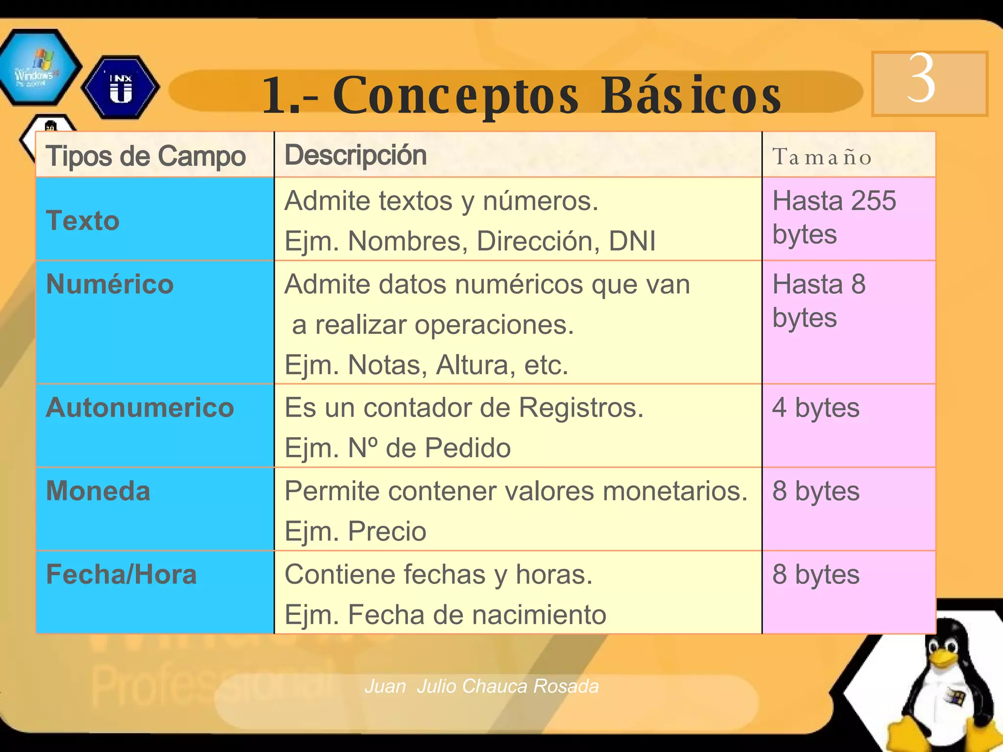 1.- Conceptos Básicos 3 8 bytes 8 bytes 4 bytes Hasta 8 bytes Hasta 255 bytes Tamaño Permite contener valores monetarios.  Ejm. Precio Moneda Contiene fechas y horas. Ejm. Fecha de nacimiento Fecha/Hora Es un contador de Registros. Ejm. Nº de Pedido Autonumerico Admite datos numéricos que van a realizar operaciones. Ejm. Notas, Altura, etc. Numérico Admite textos y números. Ejm. Nombres, Dirección, DNI Texto Descripción Tipos de Campo 