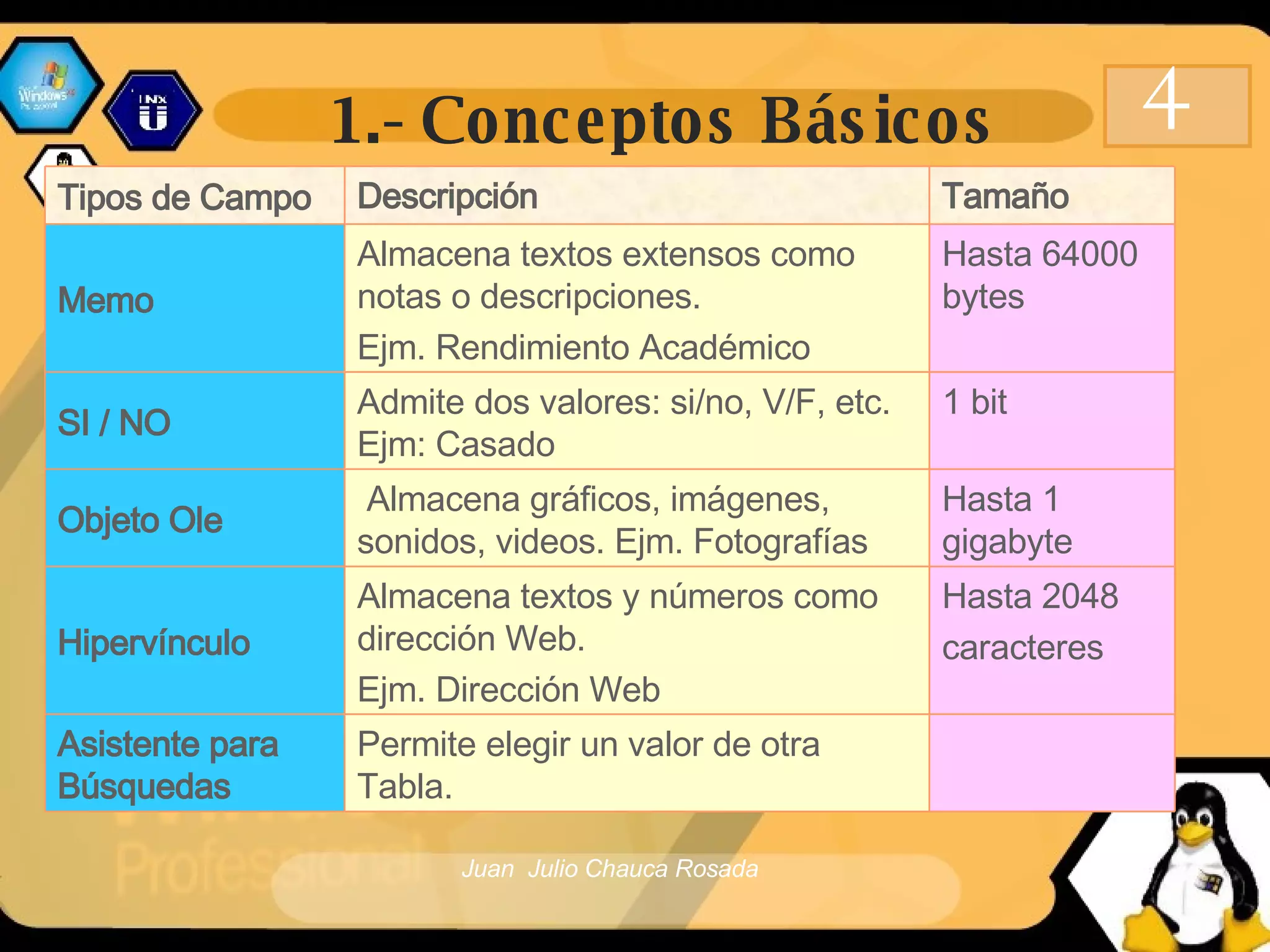 1.- Conceptos Básicos 4 Hasta 1 gigabyte Almacena gráficos, imágenes, sonidos, videos. Ejm. Fotografías Objeto Ole Hasta 2048 caracteres Almacena textos y números como dirección Web. Ejm. Dirección Web Hipervínculo Permite elegir un valor de otra Tabla. Asistente para Búsquedas Hasta 64000 bytes Almacena textos extensos como notas o descripciones. Ejm. Rendimiento Académico Memo 1 bit Admite dos valores: si/no, V/F, etc. Ejm: Casado SI / NO Tamaño Descripción Tipos de Campo 