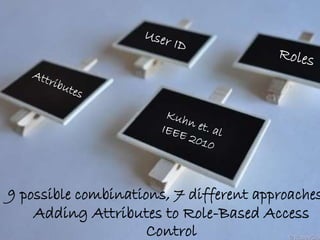 9 possible combinations, 7 different approaches
Adding Attributes to Role-Based Access
Control
 