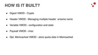 HOW IS IT BUILT?
! Digest VMOD - Crypto
! Header VMOD - Managing multiple header w/same name
! Variable VMOD - configuration and state
! Paywall VMOD - misc
! Opt. Memcached VMOD - store quota data in Memcached
 