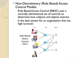  Non-Discretionary (Role Based) Access
Control Models
◦ Role Based Access Control (RBAC) uses a
centrally administered set of controls to
determine how subjects and objects interact.
◦ Is the best system for an organization that has
high turnover.
 