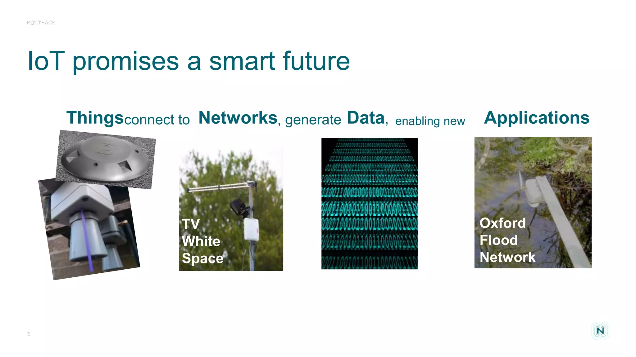 MQTT-ACE
2
IoT promises a smart future
Things Networks
TV
White
Space
Data, Applications
Oxford
Flood
Network
connect to , generate enabling new
 