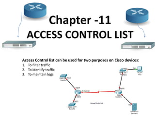 Chapter -11
ACCESS CONTROL LIST
Access Control list can be used for two purposes on Cisco devices:
1. To filter traffic
2. To identify traffic
3. To maintain logs
 