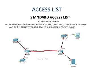 ACCESS LIST
STANDARD ACCESS LIST
As close to destination
ALL DECISION BASED ON THE SOURCE IP ADDRESS , THEY DON’T DISTINGUISH BETWEEN
ANY OF THE MANY TYPES OF IP TRAFFIC SUCH AS WEB, TELNET , SO ON
 