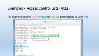 Examples - Access Control Lists (ACLs)
For example, to give read, write and execute permissions to user Nila
19
 