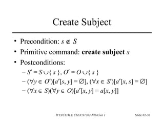 IFETCE/M.E CSE/CS7202-NIS/Unit 1 Slide #2-30
Create Subject
• Precondition: s ∉ S
• Primitive command: create subject s
• Postconditions:
– S′ = S ∪{ s }, O′ = O ∪{ s }
– (∀y ∈ O′)[a′[s, y] = ∅], (∀x ∈ S′)[a′[x, s] = ∅]
– (∀x ∈ S)(∀y ∈ O)[a′[x, y] = a[x, y]]
 