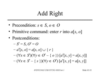 IFETCE/M.E CSE/CS7202-NIS/Unit 1 Slide #2-32
Add Right
• Precondition: s ∈ S, o ∈ O
• Primitive command: enter r into a[s, o]
• Postconditions:
– S′ = S, O′ = O
– a′[s, o] = a[s, o] ∪ { r }
– (∀x ∈ S′)(∀y ∈ O′ – { o }) [a′[x, y] = a[x, y]]
– (∀x ∈ S′ – { s })(∀y ∈ O′) [a′[x, y] = a[x, y]]
 