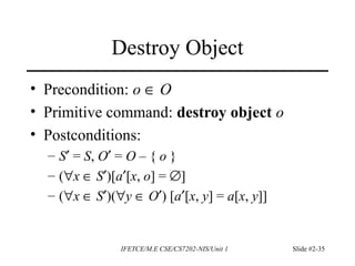 IFETCE/M.E CSE/CS7202-NIS/Unit 1 Slide #2-35
Destroy Object
• Precondition: o ∈ O
• Primitive command: destroy object o
• Postconditions:
– S′ = S, O′ = O – { o }
– (∀x ∈ S′)[a′[x, o] = ∅]
– (∀x ∈ S′)(∀y ∈ O′) [a′[x, y] = a[x, y]]
 