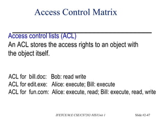 Access Control Matrix
Access control lists (ACL)
An ACL stores the access rights to an object with
the object itself.
ACL for bill.doc: Bob: read write
ACL for edit.exe: Alice: execute; Bill: execute
ACL for fun.com: Alice: execute, read; Bill: execute, read, write
IFETCE/M.E CSE/CS7202-NIS/Unit 1 Slide #2-47
 