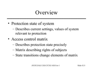 IFETCE/M.E CSE/CS7202-NIS/Unit 1 Slide #2-5
Overview
• Protection state of system
– Describes current settings, values of system
relevant to protection
• Access control matrix
– Describes protection state precisely
– Matrix describing rights of subjects
– State transitions change elements of matrix
 