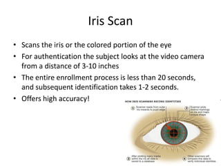 Iris Scan
• Scans the iris or the colored portion of the eye
• For authentication the subject looks at the video camera
from a distance of 3-10 inches
• The entire enrollment process is less than 20 seconds,
and subsequent identification takes 1-2 seconds.
• Offers high accuracy!
 