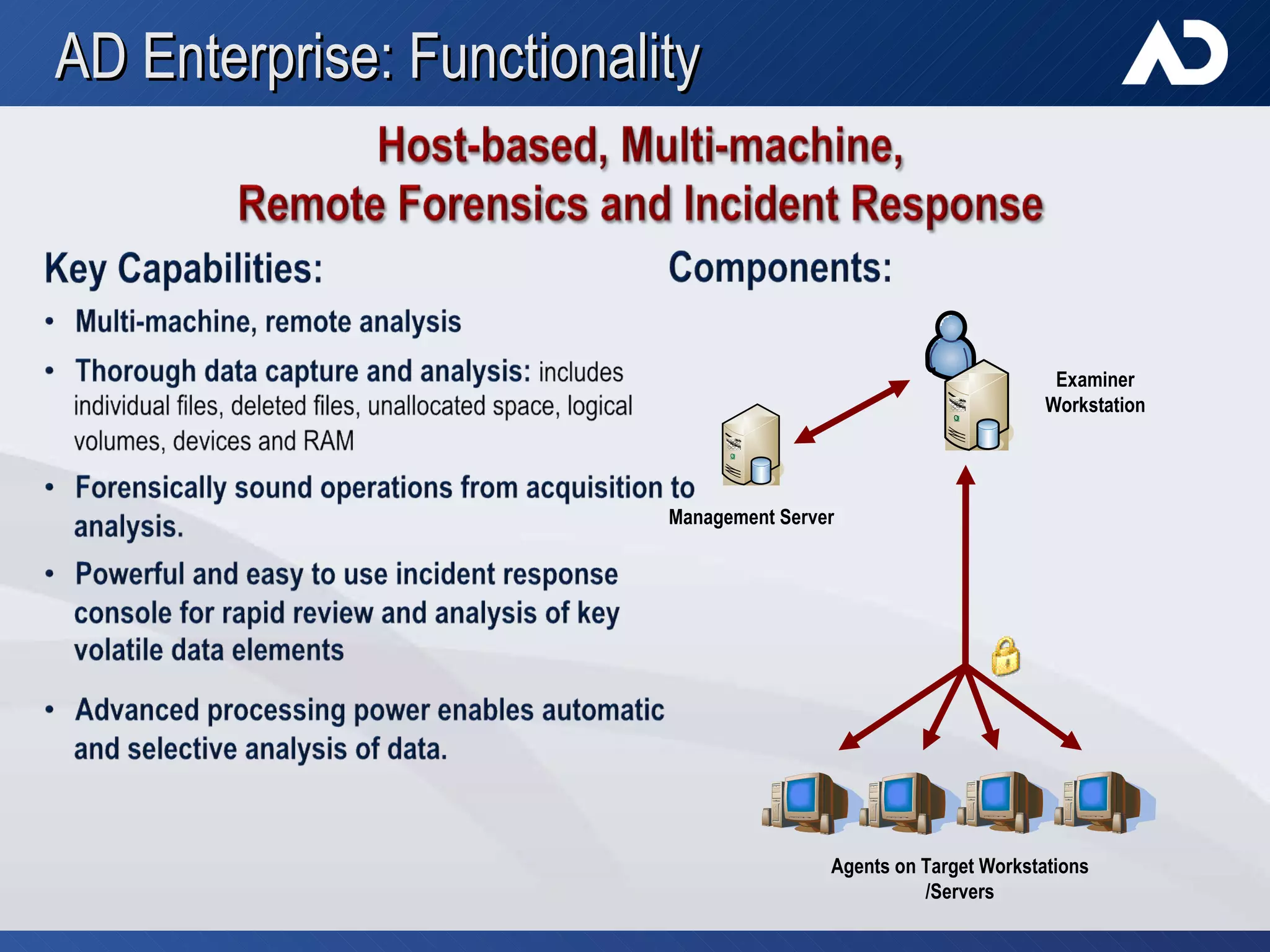 AD Enterprise: Functionality Management Server Agents on Target Workstations /Servers Examiner Workstation 