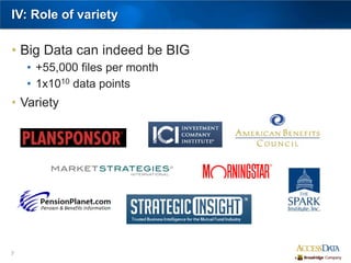 7
IV: Role of variety
• Big Data can indeed be BIG
• +55,000 files per month
• 1x1010 data points
• Variety
 
