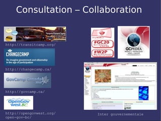 Consultation – Collaboration


http://transitcamp.org/




http://changecamp.ca/




http://govcamp.ca/




http://opengovwest.org/   Inter gouvernementale
open-gov-bc/
 