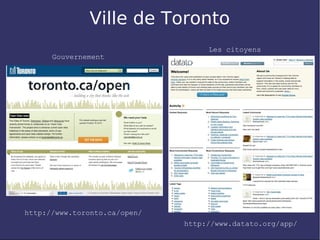 Ville de Toronto
                                   Les citoyens
      Gouvernement




http://www.toronto.ca/open/
                              http://www.datato.org/app/
 