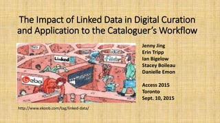 The Impact of Linked Data in Digital Curation
and Application to the Cataloguer’s Workflow
Jenny Jing
Erin Tripp
Ian Bigelow
Stacey Boileau
Danielle Emon
Access 2015
Toronto
Sept. 10, 2015
http://www.ekoob.com/tag/linked-data/
 