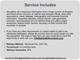 Service Includes
 We gather all in sequence information from a huge number of directory
and event-driven sources, as well as new business filings, daily utility
associations, press releases, demographic and business financial
information, corporate websites, annual reports, user-generated
comment, and thousands of U.S national white and yellow pages
directories, federal public records, secretary of state records and
hundreds of vendors.
 If you have any other requirements or custom select to add to the
mentioned databases, please let us know and we would assist you with
the acquisition. We hope to hear from you and would like to have the
opportunity to work with you, info@globalb2bcontacts.com
 Delivery Method: MS Excel File, CSV File
 Turnaround: 4-5 working days
 Delivery Guarantee: 95%
816-286-4114|info@globalb2bcontacts.com| www.globalb2bcontacts.com
 