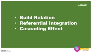 ACTIVITY
• Build Relation
• Referential Integration
• Cascading Effect
 