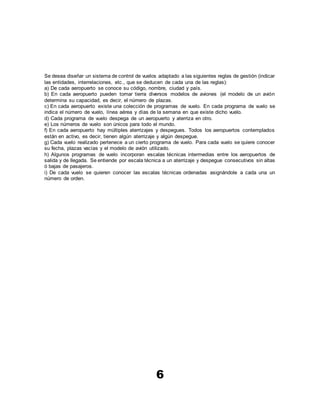 6
Se desea diseñar un sistema de control de vuelos adaptado a las siguientes reglas de gestión (indicar
las entidades, interrelaciones, etc., que se deducen de cada una de las reglas):
a) De cada aeropuerto se conoce su código, nombre, ciudad y país.
b) En cada aeropuerto pueden tomar tierra diversos modelos de aviones (el modelo de un avión
determina su capacidad, es decir, el número de plazas.
c) En cada aeropuerto existe una colección de programas de vuelo. En cada programa de vuelo se
indica el número de vuelo, línea aérea y días de la semana en que existe dicho vuelo.
d) Cada programa de vuelo despega de un aeropuerto y aterriza en otro.
e) Los números de vuelo son únicos para todo el mundo.
f) En cada aeropuerto hay múltiples aterrizajes y despegues. Todos los aeropuertos contemplados
están en activo, es decir, tienen algún aterrizaje y algún despegue.
g) Cada vuelo realizado pertenece a un cierto programa de vuelo. Para cada vuelo se quiere conocer
su fecha, plazas vacías y el modelo de avión utilizado.
h) Algunos programas de vuelo incorporan escalas técnicas intermedias entre los aeropuertos de
salida y de llegada. Se entiende por escala técnica a un aterrizaje y despegue consecutivos sin altas
ó bajas de pasajeros.
i) De cada vuelo se quieren conocer las escalas técnicas ordenadas asignándole a cada una un
número de orden.
 