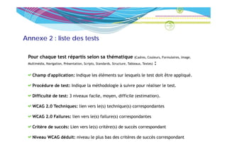 Annexe 2 : liste des tests

 Pour chaque test répartis selon sa thématique                            (Cadres, Couleurs, Formulaires, Image,
 Multimédia, Navigation, Présentation, Scripts, Standards, Structure, Tableaux, Textes)   :

   Champ d'application: Indique les éléments sur lesquels le test doit être appliqué.

   Procédure de test: Indique la méthodologie à suivre pour réaliser le test.

   Difficulté de test: 3 niveaux facile, moyen, difficile (
                                           y              (estimation).
                                                                     )

   WCAG 2.0 Techniques: lien vers le(s) technique(s) correspondantes

   WCAG 2.0 Failures: lien vers le(s) failure(s) correspondantes
        20

   Critère de succès: Lien vers le(s) critère(s) de succès correspondant

   Niveau WCAG déduit: niveau le plus bas des critères de succès correspondant
 