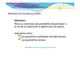 Définition du handicap (ONU)


     Définition :
     Perte ou restriction des possibilités de participer à
     la vie de la collectivité à égalité avec les autres.

     Association entre :
           Les paramètres individuels (les déficiences)
            Les paramètres sociaux


               Source ONU : http://www.un.org/esa/socdev/enable/faqs.hm
                               p            g                     q
 