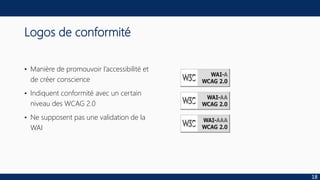 Logos de conformité
• Manière de promouvoir l’accessibilité et
de créer conscience
• Indiquent conformité avec un certain
niveau des WCAG 2.0
• Ne supposent pas une validation de la
WAI
18
 