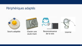 Périphériques adaptés
Souris adaptée Clavier une
seule main
Reconnaissance
de la voix
Licorne
5
 