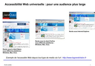 Accessibilité Web universelle : pour une audience plus large   Exemple de l’accessible Web depuis tout type de media via l’url :  http://www.legrandchalon.fr Rendu sous le client FireFox sous différente plateforme : Windows, Mac, linux. Rendu sous Internet Explorer Rendu sous le client Opera sous différente plateforme : Windows, Mac, linux. 