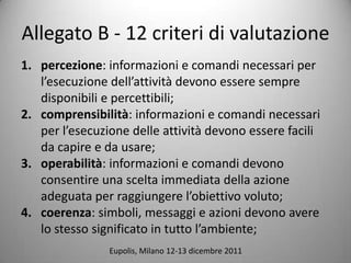 Allegato B - 12 criteri di valutazione
1. percezione: informazioni e comandi necessari per
   lesecuzione dellattivit devono essere sempre
   disponibili e percettibili;
2. comprensibilit: informazioni e comandi necessari
   per lesecuzione delle attivit devono essere facili
   da capire e da usare;
3. operabilit: informazioni e comandi devono
   consentire una scelta immediata della azione
   adeguata per raggiungere lobiettivo voluto;
4. coerenza: simboli, messaggi e azioni devono avere
   lo stesso significato in tutto lambiente;
                Eupolis, Milano 12-13 dicembre 2011
 