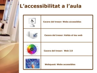 L’accessibilitat a l’aula Webquest : Webs accessibles Cacera del tresor:  Web 2.0 Cacera del tresor: Valida el teu web Cacera del tresor: Webs accessibles 