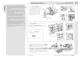 89
circulaire interministérielle n° DGUHC 2007-53 du 30/11/07 | ANNEXE 8® : recommandé
Lorsqu’un escalier est situé dans un espace de circulation, la partie
située en dessous de 2,20 m, si elle n’est pas fermée, doit être visuelle-
ment contrastée, comporter un rappel tactile au sol et être réalisée de
manière à prévenir les dangers de chocs pour des personnes aveugles
ou malvoyantes.
Les parois vitrées situées sur les cheminements ou en bordure im-
médiate de ceux-ci doivent être repérables par des personnes de
toutes tailles à l’aide d’éléments visuels contrastés par rapport à
l’environnement immédiat.
Toute volée d’escalier comportant trois marches ou plus doit répondre
aux exigences applicables aux escaliers des parties communes visées à
l’article 7-1, à l’exception de la disposition concernant l’éclairage.
Toute volée d’escalier comportant moins de trois marches doit répon-
dre aux exigences applicables aux escaliers des parties communes vi-
sées au 2° de l’article 7-1, à l’exception de la disposition concernant
l’éclairage.
Lorsqu’un cheminement accessible croise un itinéraire emprunté par
des véhicules, il doit comporter un élément permettant l’éveil de la
vigilance des piétons au droit de ce croisement. Un marquage au sol
et une signalisation doivent également indiquer aux conducteurs des
véhicules qu’ils croisent un cheminement pour piétons.
Le cheminement doit comporter un dispositif d’éclairage répondant
aux exigences définies à l’article 14.
ARRÊTÉ
Lorsqu’un volume sous escalier est proche
d’une circulation ou intégré dans un grand
espace de circulation, une personne déficiente
visuelle peut se blesser en heurtant l’escalier.
Il est préférable que l’accès à un tel volume
soit rendu impossible par un aménagement
tel qu’une barrière ou des plantes, ou que ce
volume soit encloisonné. Les chocs peuvent
aussi intervenir latéralement sur le limon de
l’escalier ou le garde-corps : il conviendra
donc d’y éviter toute saillie pouvant se révéler
dangereuse en cas de choc.
R. 111-19-2 | article 2
| Cheminements extérieurs (suite)
B
Ces éléments contrastés sont collés, peints, gravés ou incrustés
dans les vitrages
® Ilestrecommandédedisposer les motifsà l’intérieur de deux bandes
horizontales d’une largeur de 5 cm, situées respectivement à 1,10 m et
1,60 m de hauteur.
® L’installation d’une main courante
est souhaitable dès qu’il existe une
marche à franchir.
illustrations
voir article 7-1
( p. 16)
Cette règle n’est applicable que lorsque, sur le terrain de l’opération, un
cheminement pour piétons et un itinéraire pour véhicules clairement
séparés se croisent. Ce n’est pas le cas des espaces “partagés” de manière
indifférenciée par les différents usagers, conçus pour que les véhicules
roulent au pas lorsque des piétons sont présents.
L’éveil de la vigilance concerne principalement les personnes aveugles
ou malvoyantes et les personnes sourdes ou malentendantes
qui peuvent être surprises et mises en danger par un véhicule qu’elles n’ont
pas vu ou pas entendu. Le repérage du danger se fera par exemple par une
signalisation, un contraste de couleur, de lumière ou de texture sur la zone
de croisement, ou par l’implantation d’un dispositif d’élargissement du
champ visuel (miroir convexe).
sécurité | obstacles
sécurité | croisement piétons/véhicules
 