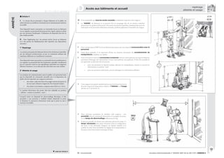 812
circulaire interministérielle n° DGUHC 2007-53 du 30/11/07 | ANNEXE 8® : recommandé
Article 4
I. - Le niveau d’accès principal à chaque bâtiment où le public est
admis doit être accessible en continuité avec le cheminement extérieur
accessible.
Tout dispositif visant à permettre ou restreindre l’accès au bâtiment
ou à se signaler au personnel doit pouvoir être repéré, atteint et utilisé
par une personne handicapée. L’utilisation du dispositif doit être la
plus simple possible.
II. - Pour l’application du I du présent article, l’accès au bâtiment
ou à des parties de l’établissement doit répondre aux dispositions
suivantes :
1° Repérage
Les entrées principales du bâtiment doivent être facilement repérables
par des éléments architecturaux ou par un traitement utilisant des
matériaux différents ou visuellement contrastés.
Tout dispositif visant à permettre ou restreindre l’accès au bâtiment ou
à se signaler au personnel doit être facilement repérable visuellement
par un contraste visuel ou une signalétique répondant aux exigences
définies à l’annexe 3, et ne doit pas être situé dans une zone sombre.
2° Atteinte et usage
Les systèmes de communication entre le public et le personnel ainsi
que les dispositifs de commande manuelle mis à la disposition du
public doivent répondre aux exigences suivantes :
être situés à plus de 0,40 m d’un angle rentrant de parois ou
de tout autre obstacle à l’approche d’un fauteuil roulant ;
être situés à une hauteur comprise entre 0,90 m et 1,30 m.
Le système d’ouverture des portes doit être utilisable en position
« debout » comme en position « assis ».
Lorsqu’il existe un dispositif de déverrouillage électrique, il doit
permettre à une personne à mobilité réduite d’atteindre la porte
et d’entamer la manœuvre d’ouverture avant que la porte ne soit à
nouveau verrouillée.
•
•
ARRÊTÉ
R. 111-19-2 | article 4
| Accès aux bâtiments et accueil
D
Dans certains types d’ERP, l’accès au bâtiment peut passer par une étape de communication avec le
personnel.
D’une façon générale, il est important d’éviter les systèmes nécessitant des enchaînements de
manipulations complexes ou rapides.
Sont concernés ici toutes les commandes à actionner (claviers, interrupteurs), ainsi que les éléments
permettant d’échanger des informations (écrans, haut-parleurs, microphones). Il doit être possible de
s’en approcher au plus près afin de pouvoir :
pour une personne en fauteuil roulant, effectuer les manipulations, fournir et recevoir les
informations en position “assis”
pour une personne malvoyante, pouvoir distinguer les informations affichées
•
•
repérage
atteinte et usage
suite de l’article 4
® Il est souhaitable que tous les accès courants au bâtiment respectent cette exigence.
La “lisibilité” du bâtiment, et en premier lieu un marquage clair de ses entrées, contribue
pleinement à la qualité architecturale. Des entrées facilement repérables, fondamentales pour les
malvoyants et les personnes déficientes mentales, profitent également à l’ensemble des usagers.
Cetteexigenceestréputéesatisfaitedèslorsquelesystèmed’ouverture
de porte respecte les dispositions relatives à l’atteinte et à l’usage
décrites au 2° de l’article 10.
Deux principes permettent de satisfaire cette exigence : une
proximité entre la commande d’ouverture et la poignée de porte,
ou un temps de déverrouillage suffisamment long.
Il n’est pas possible de donner une indication précise de temps. Le
temps nécessaire peut varier fortement selon la configuration
des lieux. A titre d’exemple, l’exigence est réputée satisfaite si le
système est doté d’une possibilité de réglage de la temporisation à
l’occasion d’une intervention technique de base.
 