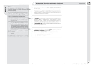 822
circulaire interministérielle n° DGUHC 2007-53 du 30/11/07 | ANNEXE 8® : recommandé
Article 9
Les revêtements de sol et les équipements situés sur le sol des
cheminements doivent être sûrs et permettre une circulation aisée
des personnes handicapées.
Sous réserve de la prise en compte de contraintes particulières liées à
l’hygiène ou à l’ambiance hygrométrique des locaux, les revêtements
de sols, murs et plafonds ne doivent pas créer de gêne visuelle ou
sonore pour les personnes ayant une déficience sensorielle.
A cette fin, les dispositions suivantes doivent être respectées :
Qu’ils soient posés ou encastrés, les tapis fixes doivent
présenter la dureté nécessaire pour ne pas gêner la progres-
sion d’un fauteuil roulant. Ils ne doivent pas créer de res-
saut de plus de 2 cm.
Les valeurs réglementaires de temps de réverbération et
de surface équivalente de matériaux absorbants définies
par les exigences acoustiques en vigueur doivent être re-
spectées. Lorsqu’il n’existe pas de texte pour définir ces
exigences, quel que soit le type d’établissement concerné,
l’aire d’absorption équivalente des revêtements et éléments
absorbants doit représenter au moins 25% de la surface des
espaces réservés à l’accueil et à l’attente du public ainsi que
des salles de restauration.
L’aire d’absorption équivalente A d’un revêtement absorbant est
donnée par la formule :
A = S x aw
où S désigne la surface du revêtement absorbant et aw
son indice
d’évaluation de l’absorption, défini dans la norme NF EN ISO 11 654.
•
•
ARRÊTÉ
R. 111-19-2 | article 9
| Revêtements des parois des parties communes
H revêtements
Ces exigences concernent principalement les locaux, circulations et espaces intérieurs
où le public est admis.
Il est important de veiller à ce que le positionnement d’éventuels miroirs ou autres surfaces
réfléchissantes ne crée ni éblouissement du fait de l’éclairage, ni risque de confusion dans
le cheminement du fait des reflets. Il convient évidemment d’apprécier cette exigence avec
modération et en fonction du contexte, notamment le type d’ERP et la nature des activités qui
s’y déroulent et des prestations qui y sont délivrées.
Il appartient au maître d’ouvrage de déterminer les surfaces concernées et de fournir les
caractéristiques acoustiques des matériaux installés.
Au 1er janvier 2007, des existent pour les équipements suivants :
établissements d’enseignement (arrêté du 25 avril 2003)
établissements de santé (arrêté du 25 avril 2003)
hôtels (arrêté du 25 avril 2003)
•
•
•
Les tapis de sol épais dans lesquels la roue d’un fauteuil roulant ou le pied d’une personne
présentant des difficultés de déambulation peuvent s’enfoncer engendrent des situations
de handicap, voire de danger. Ils sont donc à proscrire sur les cheminements et doivent être
remplacés par des équipements assurant la même fonction (essuyage des chaussures et des
roues en cas d’intempéries, par exemple), mais qui ne présentent pas ces inconvénients.
Les ne doivent pas non plus présenter de trous ou fentes ayant une
largeur ou un diamètre supérieurs à 2 cm.
 