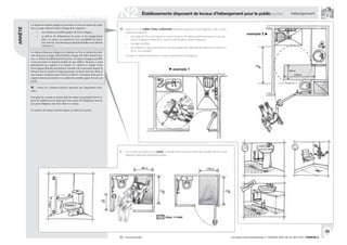834
circulaire interministérielle n° DGUHC 2007-53 du 30/11/07 | ANNEXE 8® : recommandé
ARRÊTÉ
| Établissements disposant de locaux d’hébergement pour le public (suite) hébergement
Le cabinet de toilette intégré à la chambre ou l’une au moins des salles
d’eau à usage collectif situées à l’étage doit comporter :
une douche accessible équipée de barres d’appui ;
en-dehors du débattement de porte et des équipements
fixes, un espace de manœuvre avec possibilité de demi-
tour dont les caractéristiques dimensionnelles sont définies
à l’annexe 2.
Le cabinet d’aisances intégré à la chambre ou l’un au moins des cabi-
nets d’aisances à usage collectif situés à l’étage doit offrir dès la livrai-
son, en dehors du débattement de porte, un espace d’usage accessible
à une personne en fauteuil roulant tel que défini à l’annexe 2, situé
latéralement par rapport à la cuvette. Ce cabinet est équipé d’une
barre d’appui latérale permettant le transfert de la personne depuis le
fauteuil vers la cuvette et réciproquement. La barre doit être située à
une hauteur comprise entre 0,70 m et 0,80 m. Sa fixation ainsi que le
support doivent permettre à un adulte de prendre appui de tout son
poids.
III. - Toutes les chambres doivent répondre aux dispositions suiv-
antes :
Une prise de courant au moins doit être située à proximité d’un lit et,
pour les établissements disposant d’un réseau de téléphonie interne,
une prise téléphone doit être reliée à ce réseau.
Le numéro de chaque chambre figure en relief sur la porte.
•
•
N2
® Dans les cas de salles d’eau collectives disposant également d’une baignoire, celle-ci peut
utilement comporter :
une plage de 30 cm de largeur au moins à hauteur du rebord arrière permettant à une per-
sonne en fauteuil roulant de s’y asseoir avant de glisser dans la baignoire ;
un siège amovible ;
des robinets et une commande de vidange adaptés aux difficultés de préhension (manette à
levier par exemple).
En outre, le fauteuil doit pouvoir se placer latéralement à la baignoire.
•
•
•
R. 111-19-2 | articles 17
Si la cuvette est posée sur un socle, ce dernier doit être aussi réduit que possible afin de ne pas
empêcher l’approche du fauteuil roulant.
exemple 2
exemple 1
 