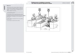 836
circulaire interministérielle n° DGUHC 2007-53 du 30/11/07 | ANNEXE 8® : recommandé
ARRÊTÉ
| Établissements et installations comportant
des caisses de paiement disposées en batterie
caisses en batterie
Article 19
Lorsqu’il existe des caisses de paiement disposées en batterie, un
nombre minimum de caisses, défini en fonction du nombre total
de caisses, doivent être aménagées, accessibles par un cheminement
praticable et l’une d’entre elles doit être prioritairement ouverte.
Lorsque ces caisses sont localisées sur plusieurs niveaux, ces
obligations s’appliquent à chaque niveau.
Le nombre minimal de caisses adaptées est de une caisse par tranche
de 20, arrondi à l’unité supérieure.
Les caisses adaptées sont conçues et disposées de manière à permettre
leur usage par une personne en fauteuil roulant. Elles sont munies
d’un affichage directement lisible par l’usager afin de permettre aux
personnes sourdes ou malentendantes de recevoir l’information sur
le prix à payer.
La largeur minimale du cheminement d’accès aux caisses adaptées
doit être de 0,90 m.
Les caisses adaptées sont réparties de manière uniforme.
N4R. 111-19-2 | articles 19
 