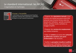 Le standard international: les WCAG
L’organisation en 4 principes


           Principe 1: Perceptible
           L’information et les composants de l’interface
           utilisateur doivent être présentés à l’utilisateur   • Proposer des équivalents textuels à tout
           de façon à ce qu’il puisse les percevoir.            • Proposernon équivalents textuels à tout être
                                                                contenu des textuel qui pourra alors contenu
                                                                non textuel qui pourra alors être présentéles
                                                                présenté toutes les fonctionnalités sous
                                                                • Rendre sous selon les besoins de l'utilisateur :
                                                                d'autres formes
                                                                                 d'autres formes selon
                                                                besoinstoutes les fonctionnalités accessibles au
                                                                • Rendre de l'utilisateur synthèse vocale,
                                                                accessibles au clavier, : grands caractères,
                                                                grands caractères, braille,
           Principe 2: Utilisable                               braille, ou langage simplifié. lisible et
                                                                clavier, synthèse vocale, symboles ou
           Les composants de l’interface utilisateur et de      • Rendre
                                                                symboles le contenu textuel
                                                                langage simplifié.
                                                                • Laisser à l'utilisateur suffisamment de
                                                                compréhensible.
                                                                compréhensible
           navigation doivent être utilisables.                 • Laisser à l'utilisateur suffisamment de tempsaux lire
                                                                • Proposer deslire et utiliser le contenu, pour
                                                                temps pour versions de remplacement
                                                                etProposercontenu,
                                                                • utiliser le des versions de remplacement
                                                                médias temporels.
                                                                • Faire en sorte que les pages apparaissent
                                                                aux pas concevoir de contenu susceptible de
                                                                • Ne médias temporels.
                                                                • Créer unconcevoir de contenuprésenté de
                                                                et fonctionnent de manière prévisible.
                                                                • Ne pas des crises,qui puisse être susceptible
           Principe 3: Compréhensible                           provoquer contenu crises,
                                                                de provoquer des sans perte d'information ni
                                                                différentes manières qui puisse être présenté
           Les informations et l’utilisation de l’interface     • Créer un contenu
                                                                • Fournir l’utilisateurdes éléments d'orientationles
                                                                • Aider à l'utilisateur à éviter et à mise
                                                                                                      corriger
                                                                de structure (parmanières sans perte en page
           utilisateur doivent être compréhensibles.            de différentes exemple avec une
                                                                • Fournir à saisie
                                                                simplifiée). l'utilisateur des éléments dans le
                                                                erreurs de saisie. contenu et
                                                                pour naviguer, trouver lestructure.se situer
                                                                d'information ni de
                                                                d'orientation pour naviguer, trouver le
                                                                site.
                                                                • Faciliter la perceptiondans le site.
                                                                contenu et se situer visuelle et auditive du
                                                                • Faciliter la perception visuelle et auditive
                                                                contenu par l'utilisateur, notamment en séparant
           Principe 4: Robuste                                  du contenu par l'utilisateur, notamment en
                                                                le premier plan de l'arrière-plan.
                                                                                     l'arrière-
           Le contenu doit être suffisamment robuste pour       séparant le premier plan de l'arrière-plan.
           être interprété de manière fiable par une large
           variété d’agents utilisateurs, y compris les
           technologies d’assistance.
 