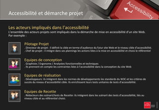 Accessibilité et démarche projet

Les acteurs impliqués dans l’accessibilité
L’ensemble des acteurs projets sont impliqués dans la démarche de mise en accessibilité d’un site Web.
Par exemple :

           Pilotage Projet
           . Directeur de projet : il définit la cible en terme d’audience du futur site Web et le niveau cible d’accessibilité.
           . Chef de projet : il intègre dans ses plannings les actions liées à la mise en accessibilité et choisi le référentiel


           Equipes de conception
           . Graphiste / Ergonome / Analystes fonctionnelles et techniques
           . Ils prennent en compte les contraintes liées à l’accessibilité dans la conception du site Web


           Equipes de réalisation
           . Développeurs: ils intègrent dans les normes de développements les standards du W3C et les critères de
           succès du niveau d’accessibilité cible. Ils enrichissent leurs tests unitaires de tests d’accessibilité.


           Equipes de Recette
           . Rédacteurs des scénarii/tests de Recette: ils intègrent dans les scénarii des tests d’accessibilité, liés au
           niveau cible et au référentiel choisi.
 