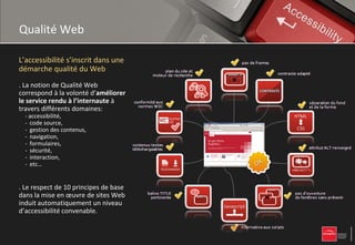 Qualité Web

L’accessibilité s’inscrit dans une                                      pas de frames
démarche qualité du Web                               plan du site et
                                                                                            contraste adapté
                                                 moteur de recherche

. La notion de Qualité Web
correspond à la volonté d’améliorer
le service rendu à l’internaute à      conformité aux                                                      séparation du fond
travers différents domaines:             normes W3C                                                        et de la forme

  - accessibilité,
  - code source,
  - gestion des contenus,
  - navigation,
  - formulaires,                       contenus textes
                                                                                                           attribut ALT renseigné
  - sécurité,                          téléchargeables

  - interaction,
  - etc…


. Le respect de 10 principes de base
                                              balise TITLE                                          pas d’ouverture
dans la mise en œuvre de sites Web             pertinente                                           de fenêtres sans prévenir
induit automatiquement un niveau
d’accessibilité convenable.

                                                                        Alternative aux scripts
 