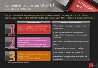 Les contraintes d’accessibilité (2/3)
Accessibilité de l’ergonomie

L’ergonomie du site web doit permettre d’assurer un confort de navigation et d’accès aux
contenus pour l’ensemble des internautes. Les sites doivent donc répondre à des contraintes de :
                                Défauts d’accessibilité               Exemples de mise en accessibilité

                  • Internaute malvoyant, aveugle ou atteint d’une
                  affection visuelle (daltonisme par exemple)
                  • Utilisation d’un navigateur en mode texte


   | Lisibilité
                  • Internaute aveugle ou malvoyant
                  • Internaute atteint d’une déficience ou d’un
                  handicap moteur
                  • Utilisation d’un navigateur en mode texte
                  • Utilisation d’une aide matériel à la navigation
   | Navigabilité


                  • Utilisation d’un navigateur spécifique (mode
                  texte par exemple)
                  • Utilisation d’un support spécifique

   | Compatibilité et portabilité
 