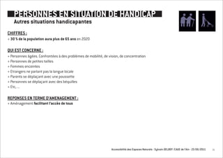 PERSONNES EN SITUATION DE HANDICAP
    Autres situations handicapantes
CHIFFRES :
+ 30 % de la population aura plus de 65 ans en 2020

QUI EST CONCERNE :
+ Personnes âgées. Confrontées à des problèmes de mobilité, de vision, de concentration
+ Personnes de petites tailles
+ Femmes enceintes
+ Etrangers ne parlant pas la langue locale
+ Parents se déplaçant avec une poussette
+ Personnes se déplaçant avec des béquilles
+ Etc, ...

REPONSES EN TERME D’AMENAGEMENT :
+ Aménagement facilitant l’accès de tous




                                                                 Accessibilité des Espaces Naturels - Sylvain DELBOY /CAUE de l’Ain - 23/06/2011   11
 