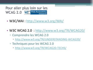 Pour aller plus loin sur les
WCAG 2.0

• W3C/WAI : http://www.w3.org/WAI/

• W3C WCAG 2.0 : http://www.w3.org/TR/WCAG20/
  ▫ Comprendre les WCAG 2.0
     http://www.w3.org/TR/UNDERSTANDING-WCAG20/
  ▫ Techniques pour les WCAG 2.0
     http://www.w3.org/TR/WCAG20-TECHS/
 