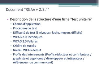 Document "RGAA v 2.2.1"

• Description de la structure d'une fiche "test unitaire"
  ▫   Champ d'application
  ▫   Procédure de test
  ▫   Difficulté de test (3 niveaux : facile, moyen, difficile)
  ▫   WCAG 2.0 Techniques
  ▫   WCAG 2.0 Failures
  ▫   Critère de succès
  ▫   Niveau WCAG déduit
  ▫   Profils des intervenants (Profils rédacteur et contributeur /
      graphiste et ergonome / développeur et intégrateur /
      référenceur ou communicant)
 
