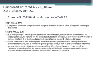 Comparatif entre WCAG 2.0, RGAA
2.2 et AccessiWeb 2.2

 • Exemple 3 : Validité du code pour les WCAG 2.0
 