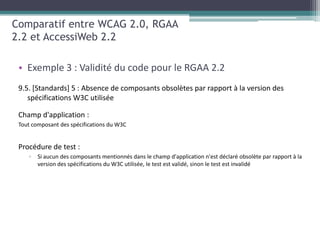 Comparatif entre WCAG 2.0, RGAA
2.2 et AccessiWeb 2.2

 • Exemple 3 : Validité du code pour le RGAA 2.2




   ▫
 