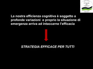 La nostra efficienza cognitiva è soggetto a
profonde variazioni e proprio la situazione di
emergenza arriva ad intaccarne l’efficacia




      STRATEGIA EFFICACE PER TUTTI
 